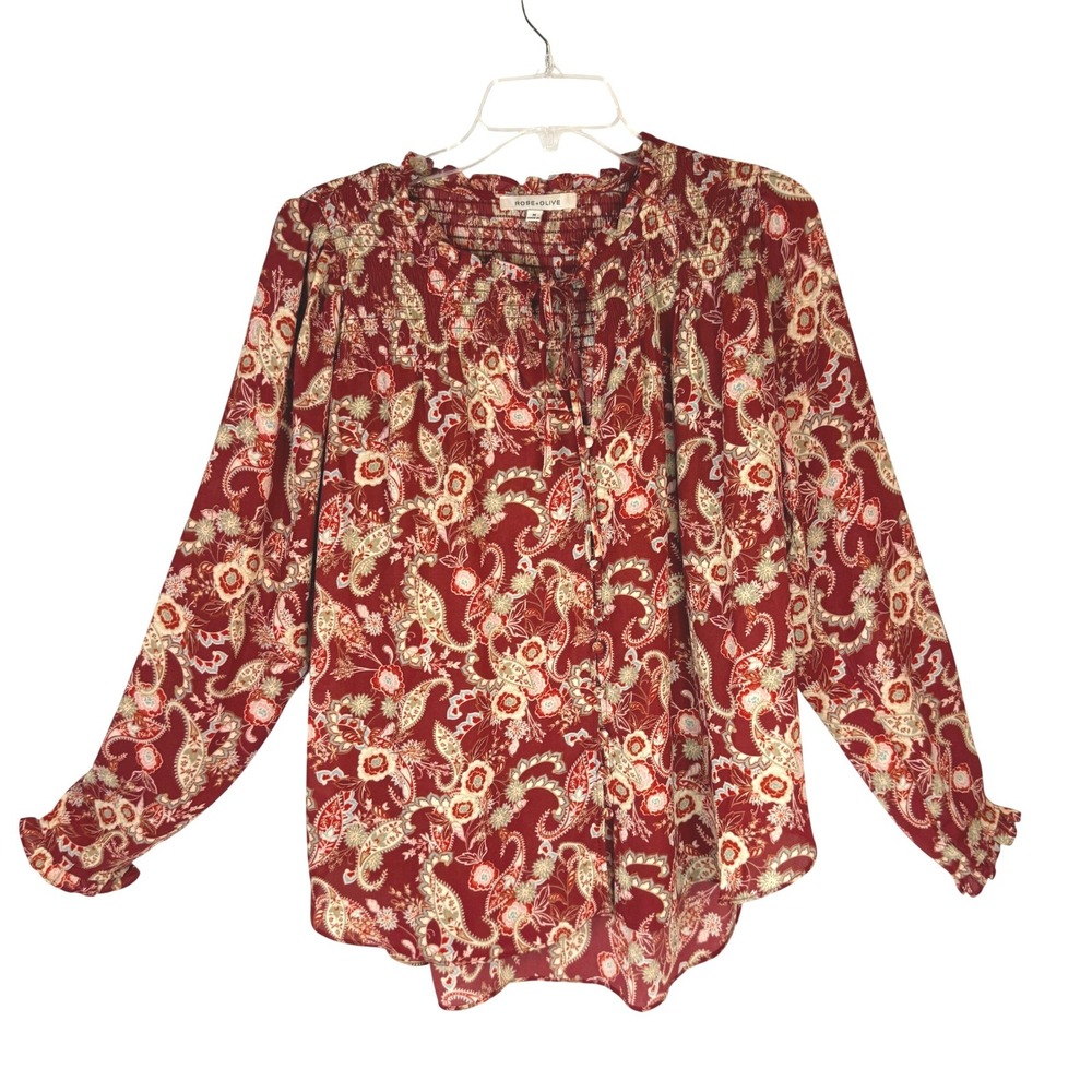 Rose + Olive Blouse Womens M Burgundy Paisley Boho Smocked Peasant Top